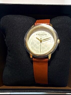 NIB Coach Women's Gold-Tone Case Watch with Brown Leather Strap